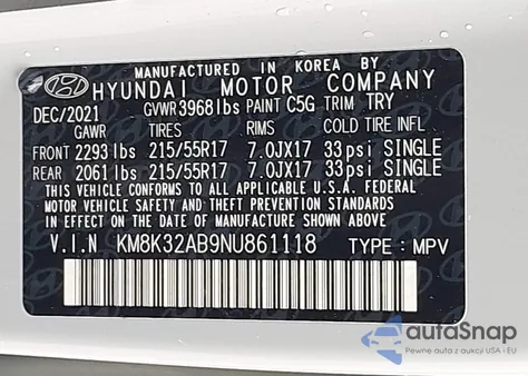 2022 Hyundai Kona Sel z USA, uszkodzony, nr VIN KM8K32AB9NU861118